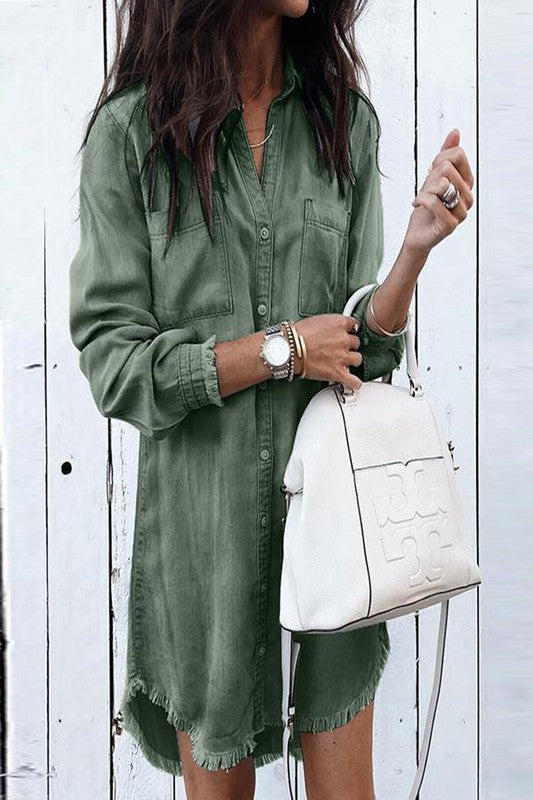 Casual Denim Shirt Dress- Olive