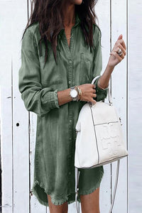Casual Denim Shirt Dress- Olive
