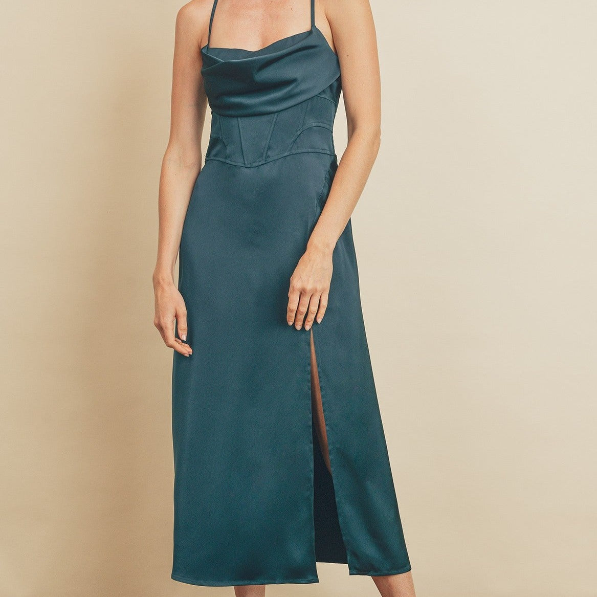 Corset Satin Midi Dress- Hunter Green