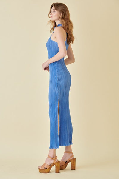 Crinkle Plisse Front Twist Maxi Dress- Blue