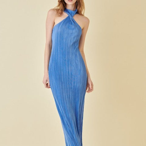 Crinkle Plisse Front Twist Maxi Dress- Blue
