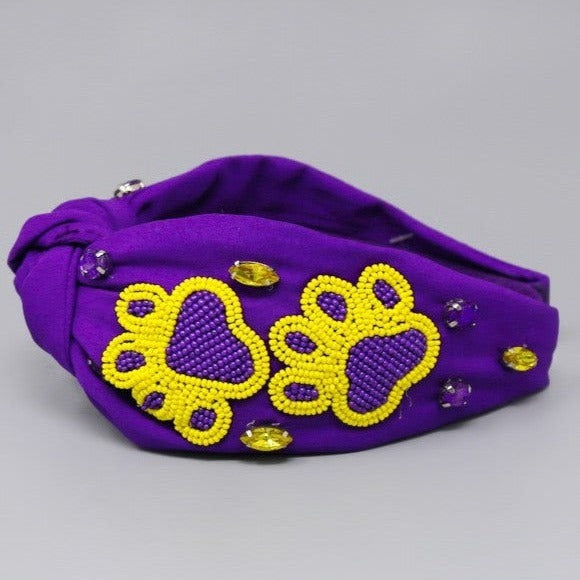 Paw Front Knot Beaded Headband- Purple/Yellow