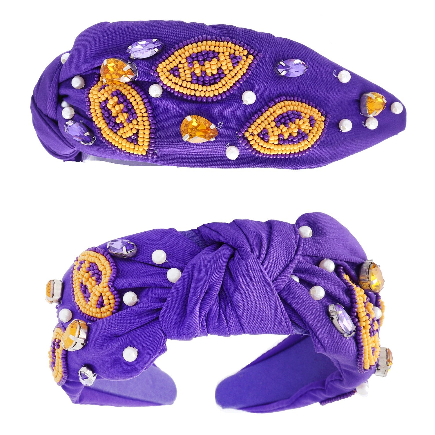 Front Knot Beaded Football Headband- Purple/ Yellow
