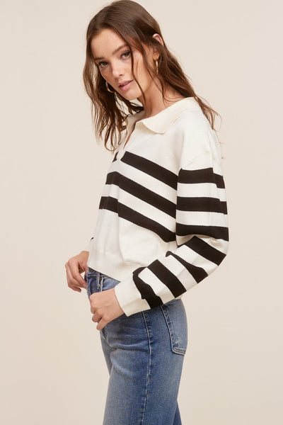 Alexandra V-Neck Collared Striped Sweater- White/Black