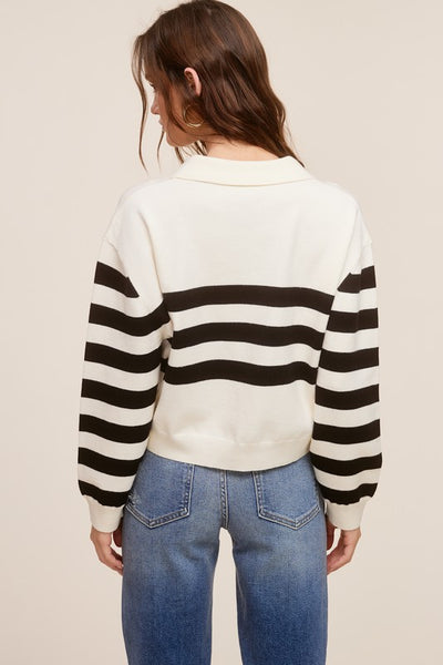 Alexandra V-Neck Collared Striped Sweater- White/Black