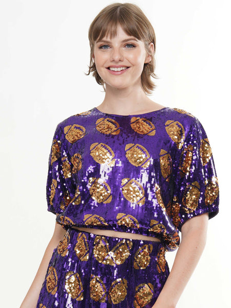 Cropped Football Sequin Top- Purple/Gold