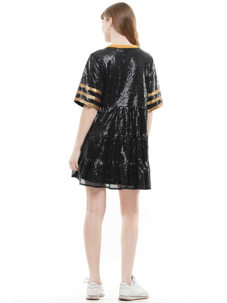 Game Day Sequin Baby Doll Dress- Black/Gold