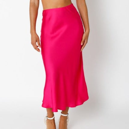 Darlene Satin Midi Skirt- Hot Pink