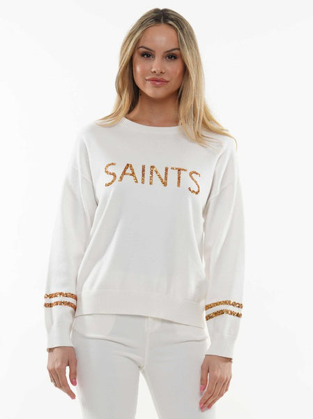 Saints Sequin Knit Top- White/Gold