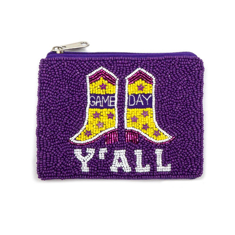 Game Day Y'all Boots Beaded Coin Purse- Purple/Yellow
