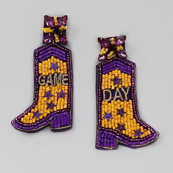 Game Day Cowboy Boots Beaded Earrings- Purple/Yellow