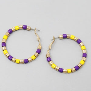 Game Day Beaded Hoop Earrings- Purple/Yellow