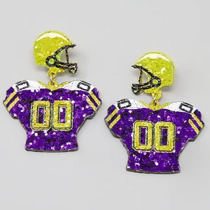 Glittered LSU Football Jersey Dangle Earrings- Purple/Yellow