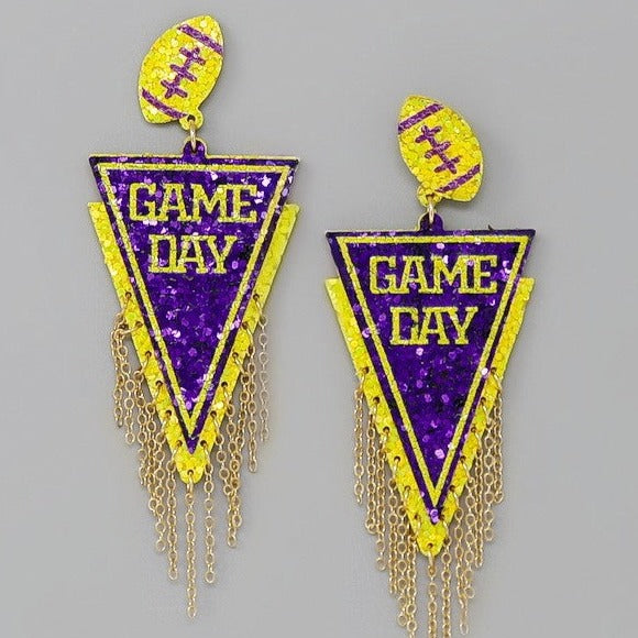 Game Day Football Flag Chain Link Dangle Earrings- Purple/Yellow