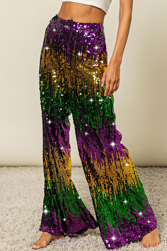 Sequins Bootcut Pants with Check Print