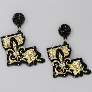 Saints Louisiana State Map Glitter Earrings- Black/Gold