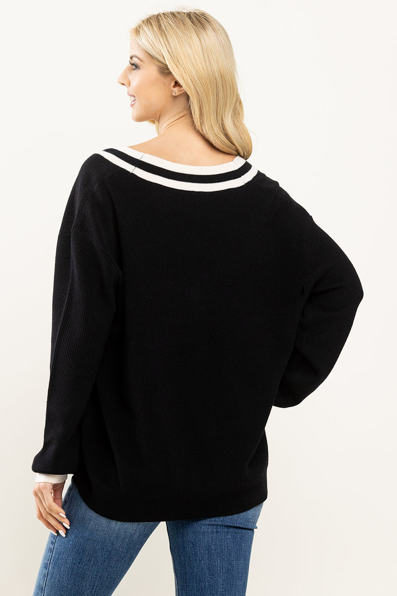 Chrissy Deep V-Neck Colleigate Sweater- Black/White