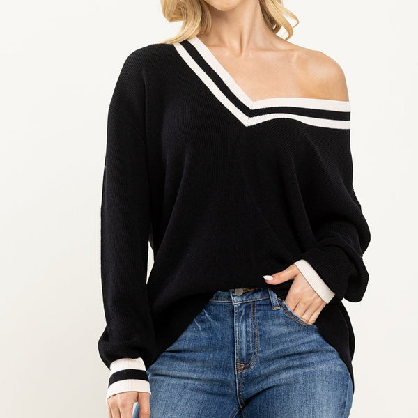 Chrissy Deep V-Neck Colleigate Sweater- Black/White