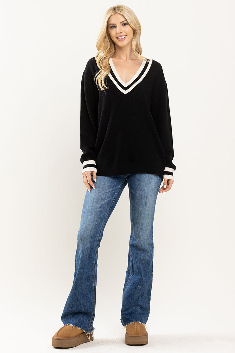 Chrissy Deep V-Neck Colleigate Sweater- Black/White