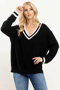 Chrissy Deep V-Neck Colleigate Sweater- Black/White