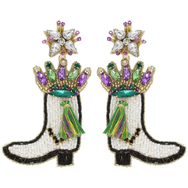 Beaded Mardi Gras Boot Earrings