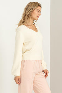 Model Status V-Neck Fuzzy Cropped Sweater- Cream