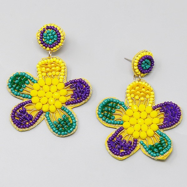 Beaded Mardi Gras Flower Earrings