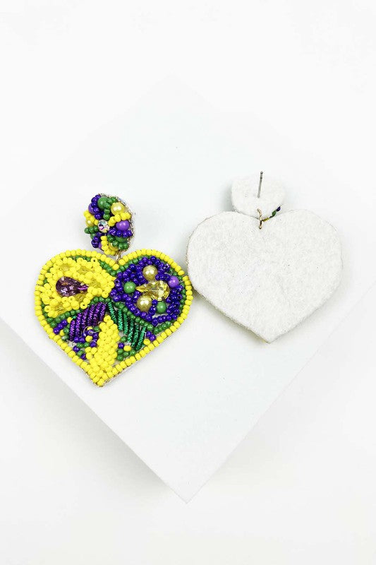 Abstract Mardi Gras Heart Earrings