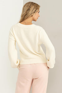 Model Status V-Neck Fuzzy Cropped Sweater- Cream