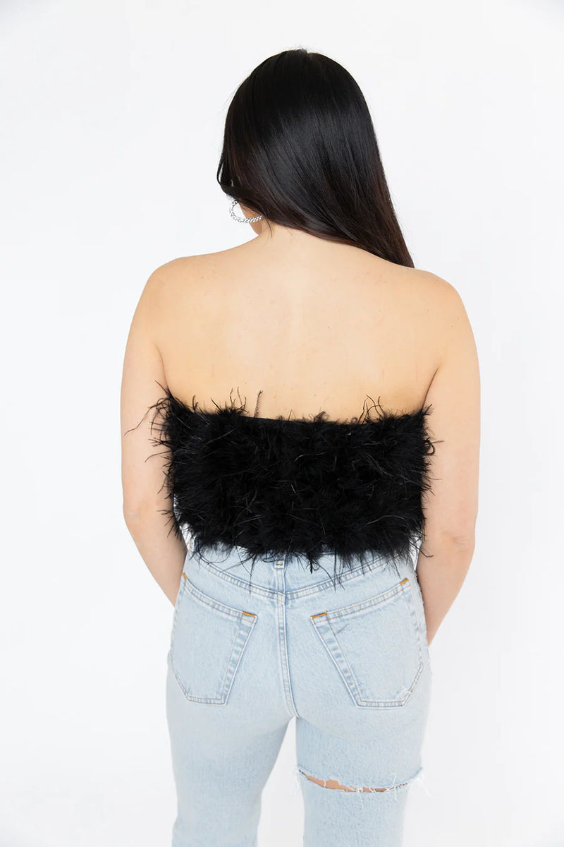 Buddy Love Fancy Strapless Feather Crop Top - Black