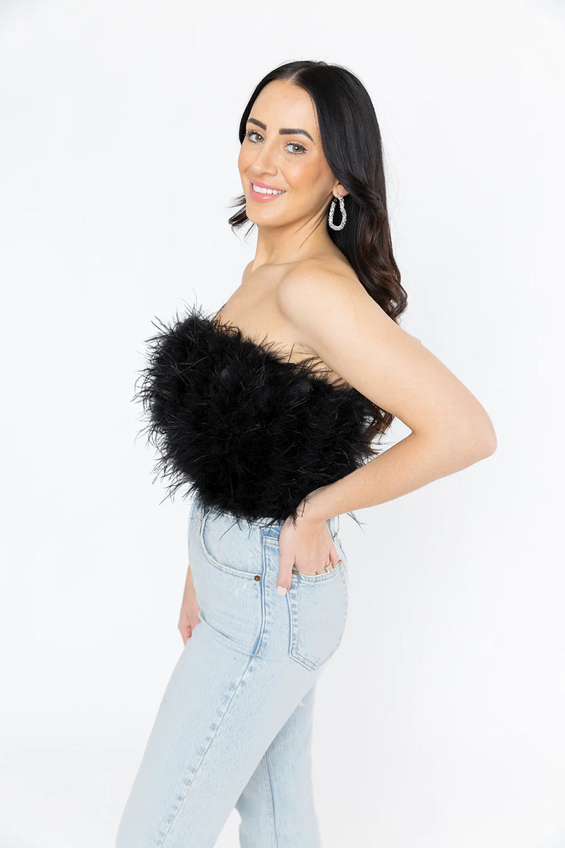 Buddy Love Fancy Strapless Feather Crop Top - Black