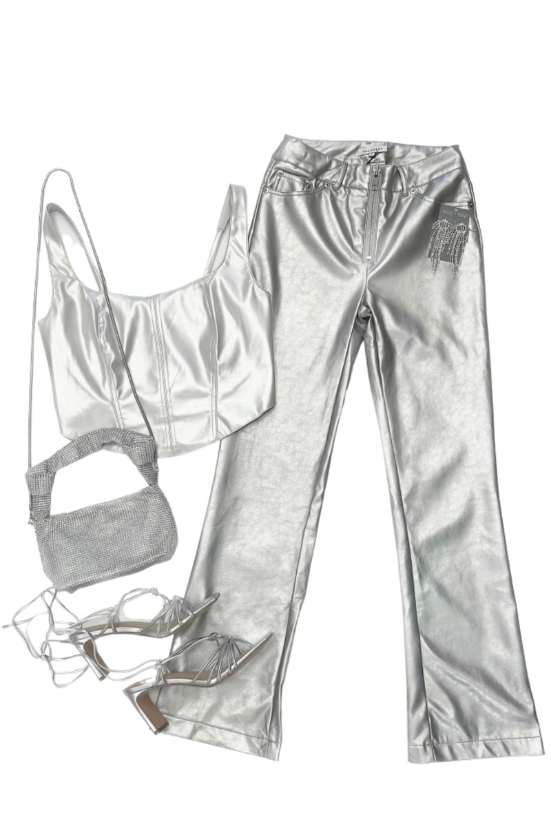 Tory Vegan Straight Leg Leather Pant- Silver