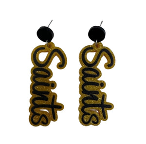 Saints Script Acrylic Earrings- Black/Gold