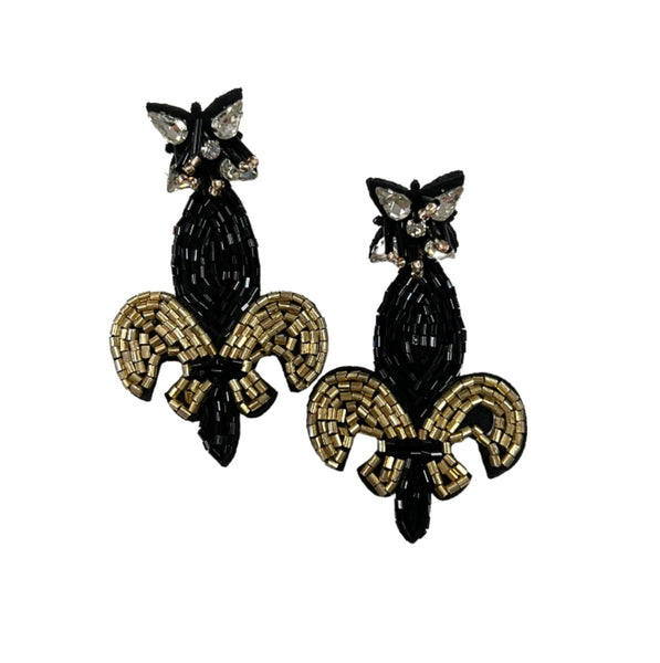 Beaded Fleur De Lis Earrings- Black/Gold