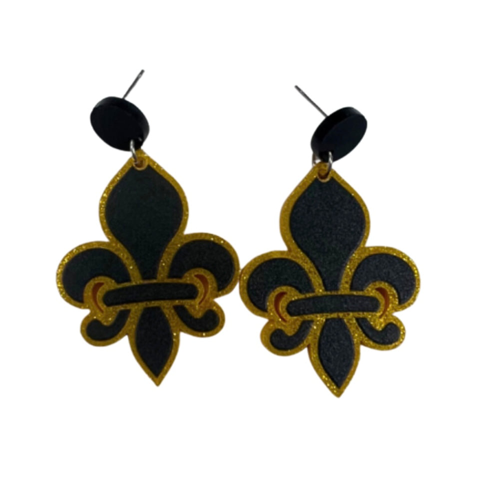Acrylic Fleur De Lis Earrings- Black/Gold Outlined