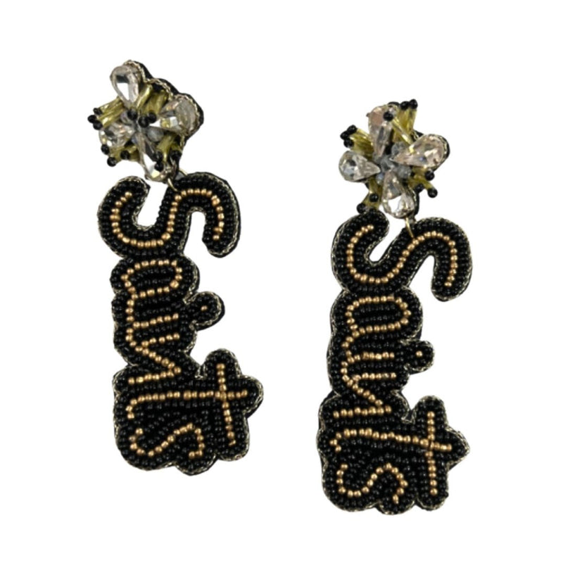 Saints Script Beaded Earrings- Black/Gold