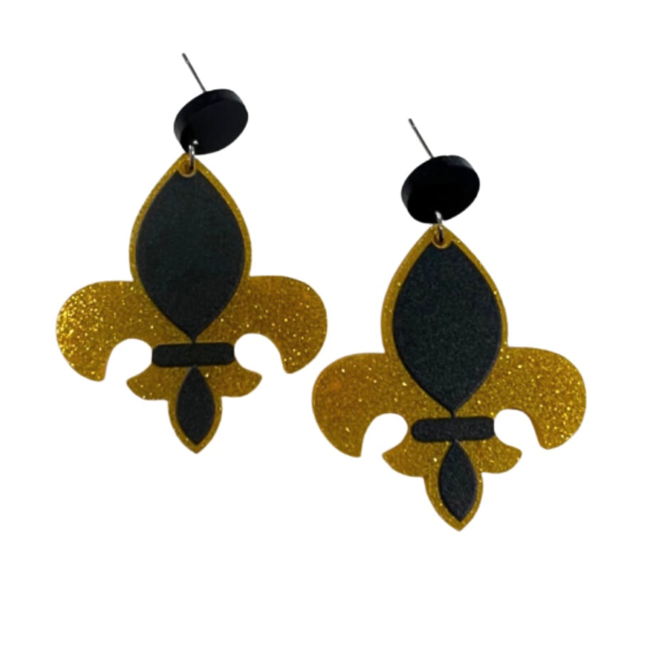 Acrylic Fluer De Lis Earrings- Black/Gold