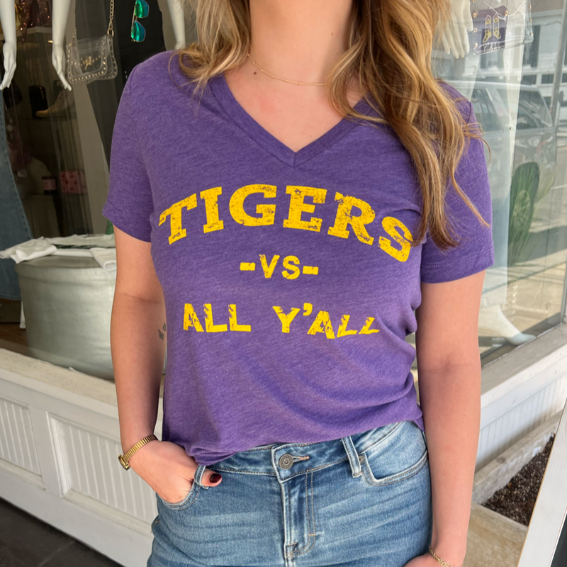 Tigers VS All Y'all Vneck Tee- Tri purple