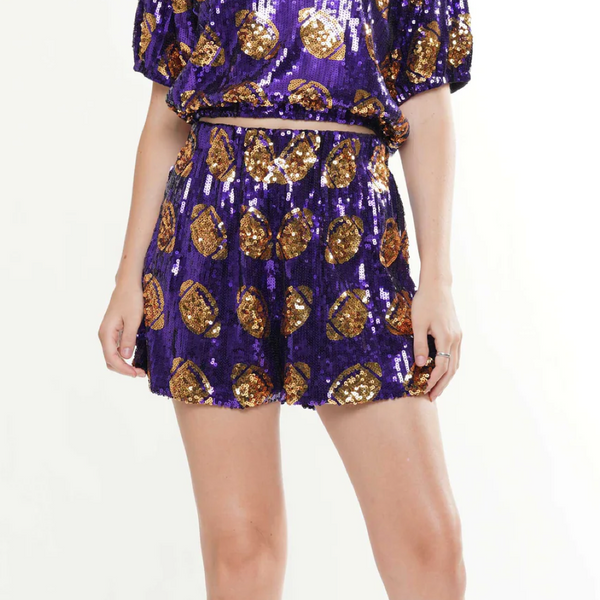 Sequin Football Shorts- Purple/Gold