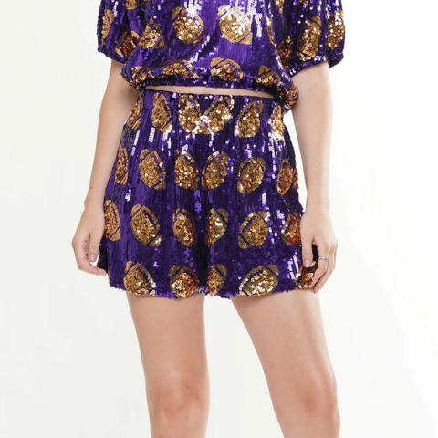 Sequin Football Shorts- Purple/Gold