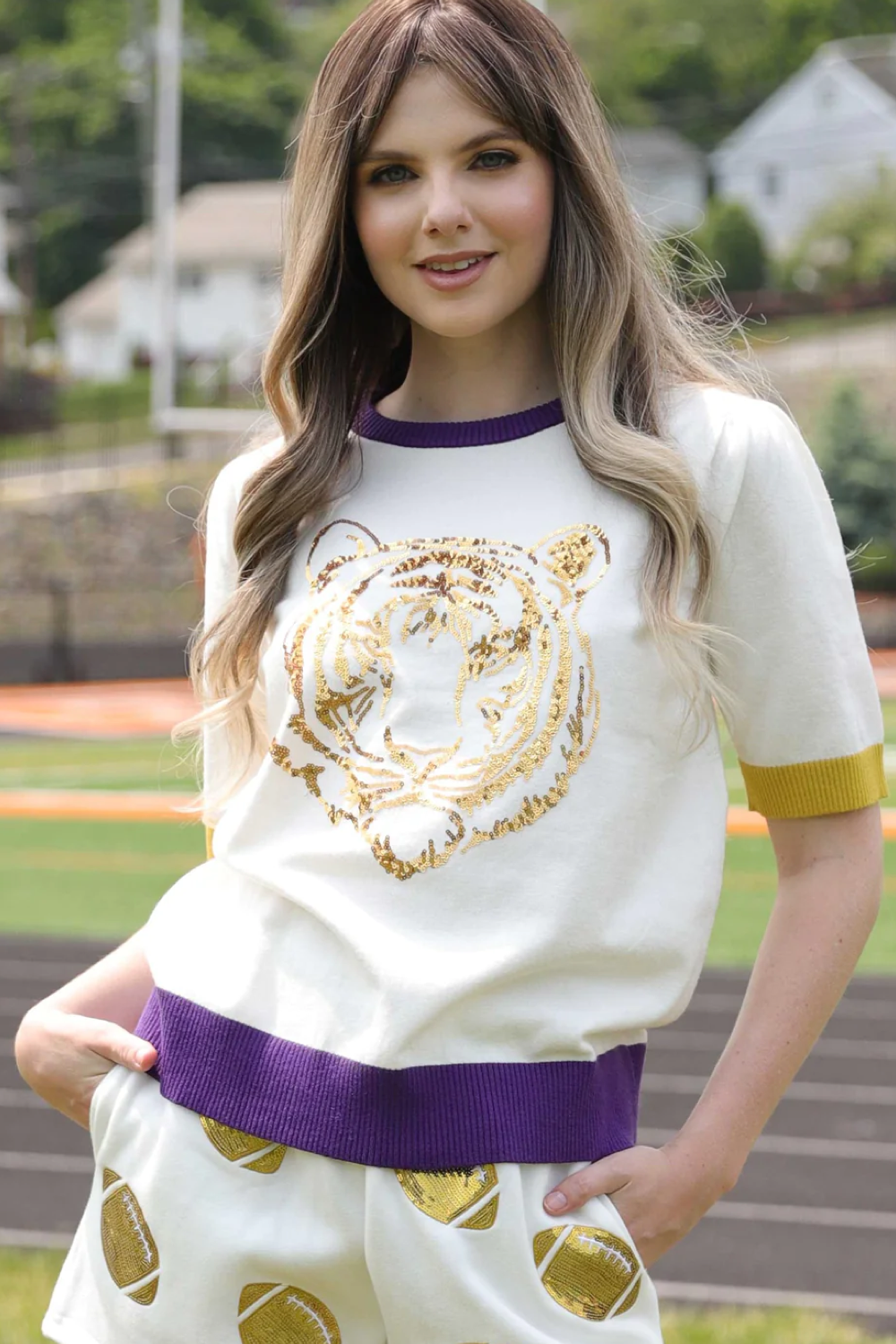 Tiger Knit Short Sleeve Top- White Multi