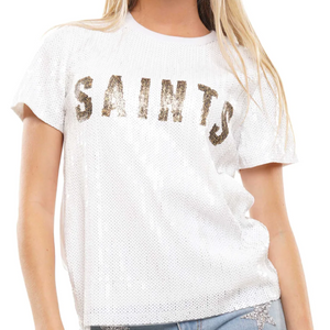 Saints Sequin Top- White/Brown