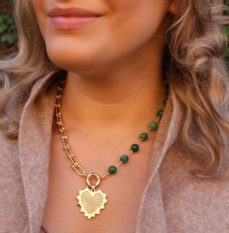 Intricate Heart Charm Necklace- Emerald