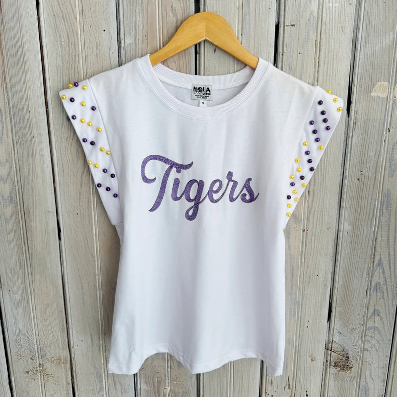 Nolaverse Tigers Pearl Flutter Sleeve- White/Purple