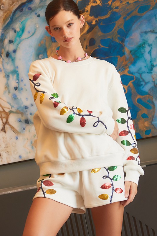 Christmas Light Sequin EMB Fleece Shorts - White