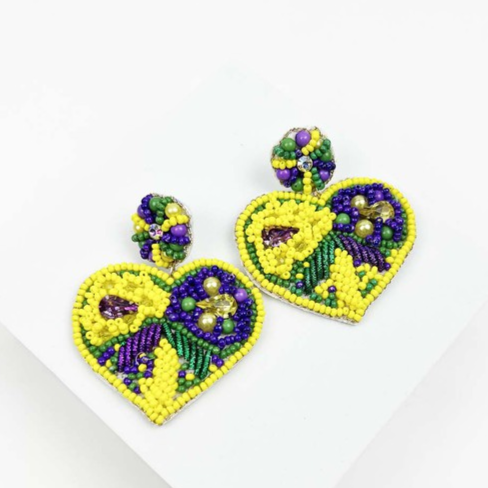 Abstract Mardi Gras Heart Earrings