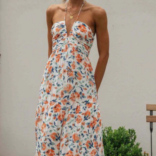 Chiffon V Neck Floral Maxi Dress