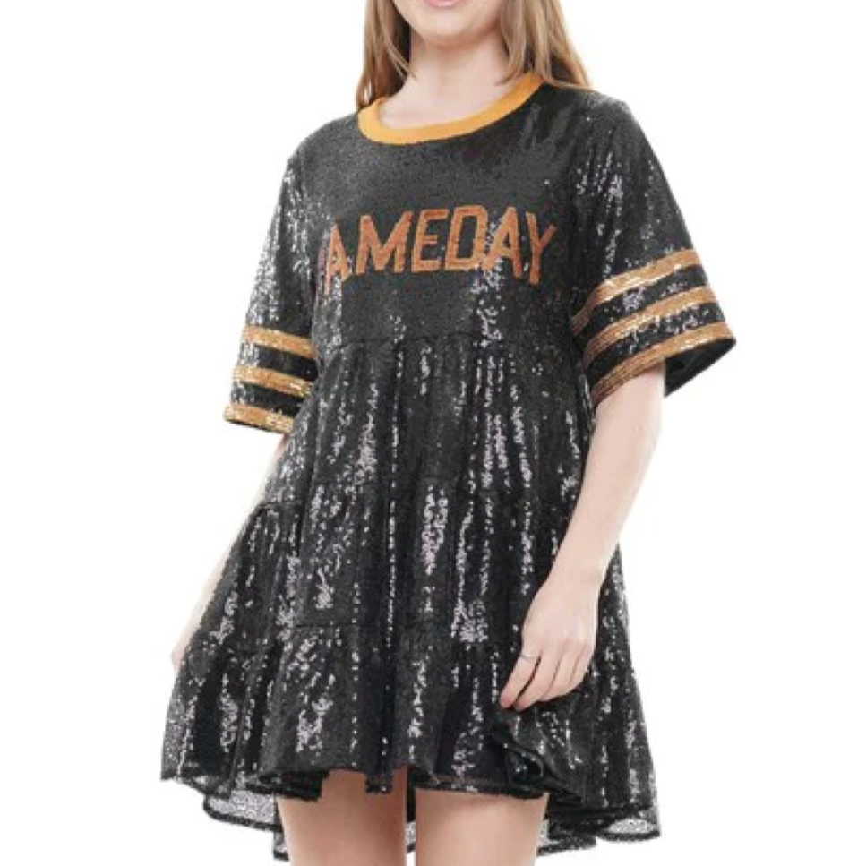 Game Day Sequin Baby Doll Dress- Black/Gold