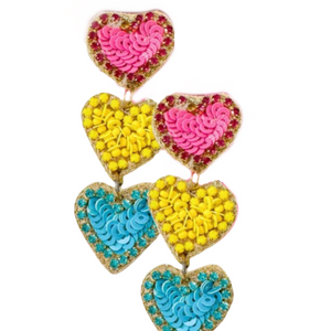 Beaded Heart Trio Earrings- Pink/Yellow/Blue