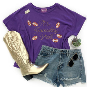 Peach Love It's Gameday Y'all Tee- Purple